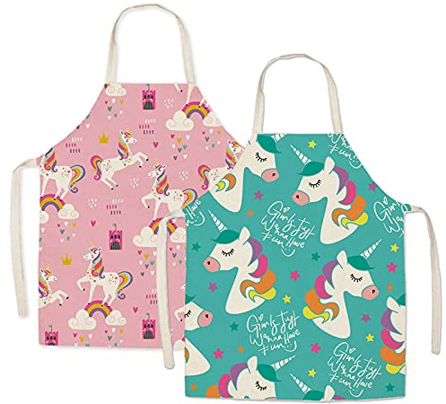Ruikdly Kinderschürze 2-teilig Einhorn Kochschürze Kinders Jungen Mädchen Malschürze für Kinder, zum Kochen, Malen, Rosa und Grün, 4-15 Jahre