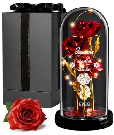 Maverton ewige Rose im Glas mit LED-Beleuchtung - Infinity Rose mit Gravur personalisiert - Geschenke für Frauen zum Valentinstag zu Weihnachten - Geburtstagsgeschenk für Frauen