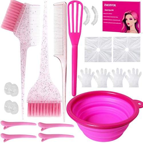 ZMOIVOK 21 pcs Hair Dye Kit Professional Salon Tools with Hair Dye Brush and Bowl Set Hair Bleach Kit,Dye Clips Gloves Ear Covers,for Hairstylist and Women Hair Bleaching Coloring Highlighting Kit