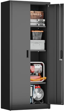 LOCENHU Aktenschrank, Metallschrank mit 3 höhenverstellbaren Eisenregalböden, Stahlblech Pulverbeschichtet, Geeignet für Garage und Büro, 170 x 70 x 38 cm (Schwarz)