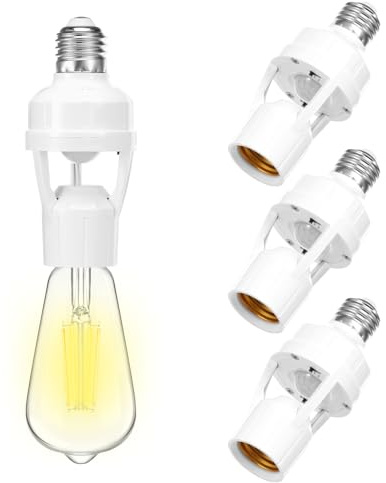 Set di 4 sensori di movimento attacco E27 – PIR Motion 360° interruttore crepuscolare, lampada automatica per corridoio, cantina, garage, impostazione dell'ora e scelta Lux, adattatore a vite E27 a