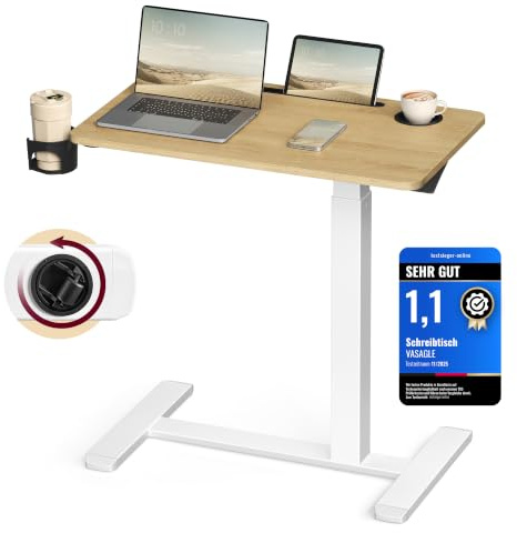 VASAGLE Beistelltisch mit Rollen, mobiler Stehtisch, 70 x 40 cm | große Tischplatte, verstellbare Höhe, 2 Getränkehalter, Schlitz für Handy oder Tablet, goldeichenfarben LSD600YA01