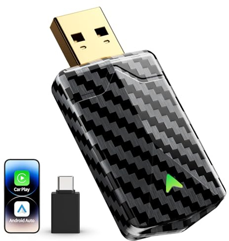 Mini Adaptador CarPlay Inalámbrico y Android Auto Inalambrico, Diseño Fibra de Carbono, USB-A/C Metálico, Conversión de Cableado a Inalámbrico, Conexión Estable, Compatible con iOS 10+ y Android 10+