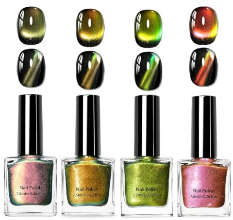 Cat Eye Nail Polish Set, 4 Colours Water-Based Magnetic Nail Varnish, Non-Gel Quick Dry Shimmer Chameleon Nail Polish, No UV Lamp Needed, Magnet Wand Not Included, DIY Manicure for Women Girls