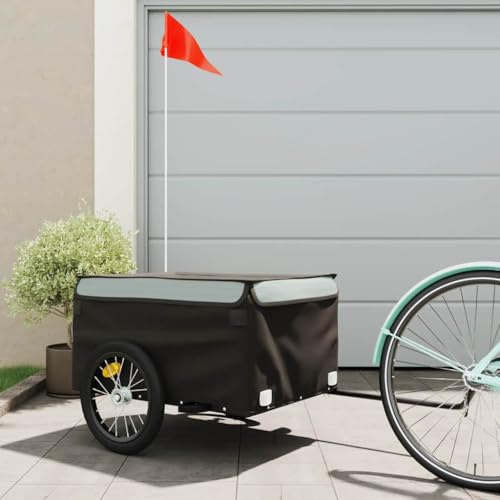 Ordellia Fahrradanhänger Schwarz und Grau aus Eisen, Lastanhänger mit 45 kg Tragkraft, 124 x 62,5 x 52 cm, Kupplung und Deichsel für Gepäck, Einkauf, Hund und Outdoor