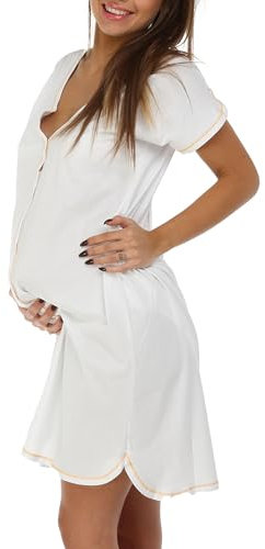 MYSANITY – Camicia da Parto in Cotone Donna con Apertura Frontale I Perfetta per Clinica, Parto, Post-Parto e Allattamento Premaman, Bianco, M Donna