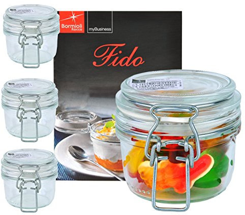 Bormioli Rocco 4er Set Drahtbügelglas FIDO, 125 ml, Einmachglas mit Bügelverschluss, inkl. Rezeptheft