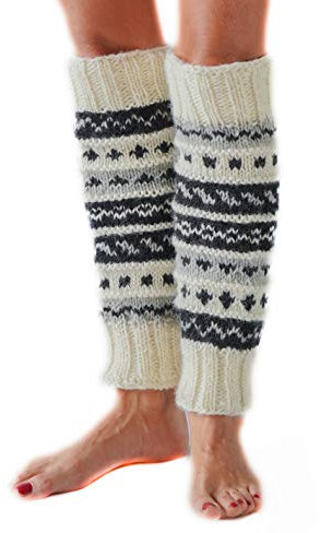 Tibetan Socks White/Black Hand Knit Wool Fleece Lined Leg Warmers Boot Toppers