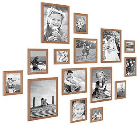 PHOTOLINI Bilderrahmen-Set Holz Eiche-Optik Landhaus-Stil, 15er Set Holz-Rahmen, Made in Germany, Echtglas, zum Aufhängen, mit Zubehör - perfekt für Familienfotos & Urlaubsbilder