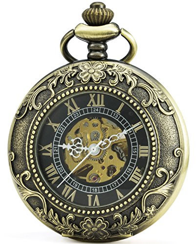 SEWOR Vintage Magnifier Skeleton Pocket Watch Mechanical Hand Wind Pocket Watch Include Brand Leather Box (Bronze)