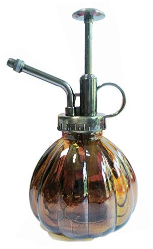Hovico - Regadera de cristal para interior, botella pulverizadora, 6.3 pulgadas de alto, estilo vintage, pulverizador, bomba de plástico de bronce, regadera, bote de vidrio