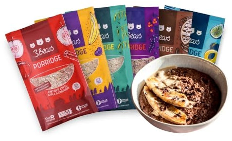 3Bears Porridge Probier-Set I 6x50g vegane Portionsbeutel mit Feiner Kakao, Zimtiger Apfel, Mohnige Banane, Fruchtige Kokosnuss, Dreierlei Beere & Kerniger Klassiker | Mit rein natürlicher Süße