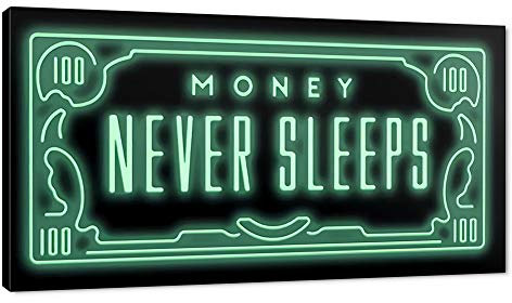 Inspirierendes gerahmtes Poster mit englischem Text Money Never Sleeps, 100 Dollar Wandkunst, zeitgenössische Unternehmer, Büro, Wandbilder gerahmt, 101.6 x 50.8 cm (B x H)