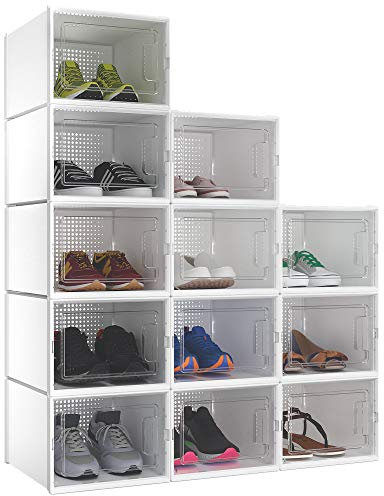 YITAHOME Schuhboxen, 12er Set, Schuhkarton stapelbar stabil, Aufbewahrungsboxen für Schuhe mit transparent Tür und Belüftungslöchern, für Schuhe bis Größe 46, stapelbare schuhbox Weiß