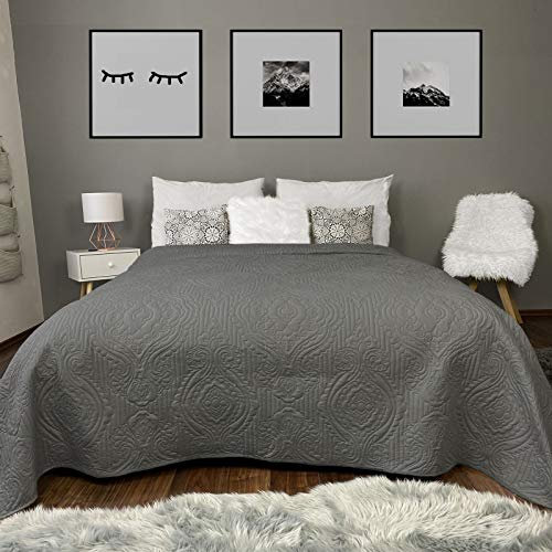 HOMELEVEL Tagesdecke Bett & Sofaüberwurf Bettüberwurf Sofa Tages Ornamente Decken Betthusse XXL Decke Überwurf Überdecke Dunkelgrau 220cmx 240cm