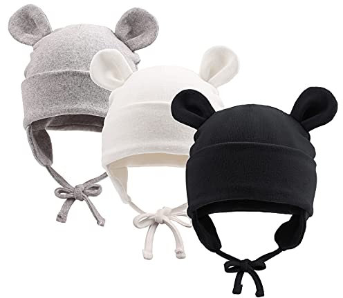 Pesaat Baumwolle Erstlingsmützen 0-12Monate Baby Mütze Neugeborene Mädchen Jungen Baby Beanie Newborn Mütze Mit Ohren und Band,Sommer,Frühling,Winter(Weiß+Grau+Schwarz, 0-6Monate)