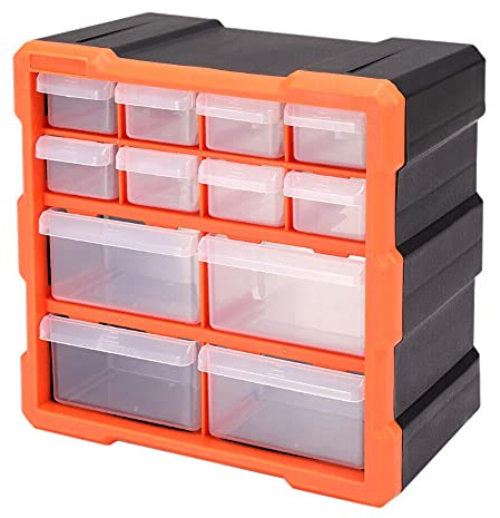 Bond Hardware 12 Drawer Organiser for DIY Tool Bits Plastic Storage Units - Workshop Screws and Small Parts Cabinet or Office Stationary Craft Box Black/Orange