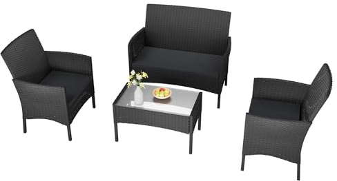 LZQ Gartenmöbel Set Poly Rattan Lounge Set für 4 Personen - Mit 2-er Sofa, Singlestühle, Tisch und Sitzkissen - Weißes Glas