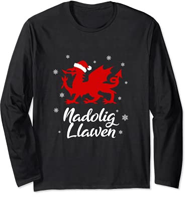 Nadolig Llawen Wales Welsh Cymru Merry Christmas Dragon Long Sleeve T-Shirt