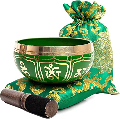 Juego de cuencos tibetanos para cantar – Fácil de jugar para principiantes, auténtico hecho a mano, meditación con sonido holístico, regalo de curación de 7 chakras por Himalayan Bazaar (Emerald)