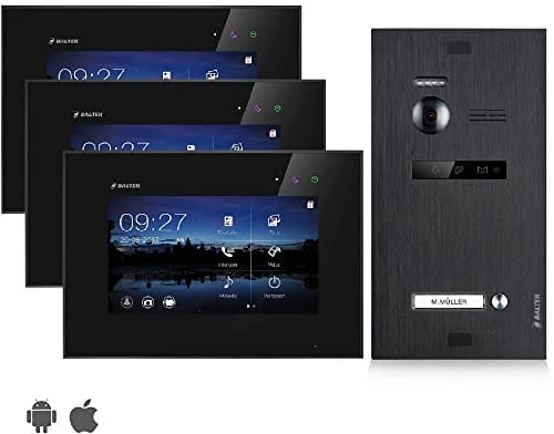 Balter EVO Video Türsprechanlage, Touchscreen, 7 Zoll Monitor Schwarz, 2-Draht Bus, Schwarze Türstation für 1 Familienhaus Türklingel, 150° Weitwinkel-Kamera (3 Monitore, Mit App)