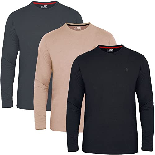 JRC Just Royal Clothing Pack of 3 Mens Long Sleeve Crewneck T-Shirts, Casual Round Neck Tops (Black, Charcoal, Rugby Tan, 2XL)