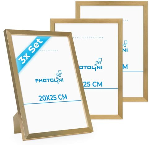 PHOTOLINI Bilderrahmen 20x25 Gold MDF-Holz, 3er Set Poster-Rahmen, bruchsicheres Acrylglas, zum Aufhängen & Aufstellen, extra Zubehör - für Fotos & Poster