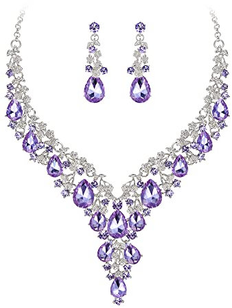 Clearine Wedding Bridal Jewellery Set Teardrop Rhinestone Cluster Statement Necklace Costume Dangle Earrings for Women Purple Silver-Tone