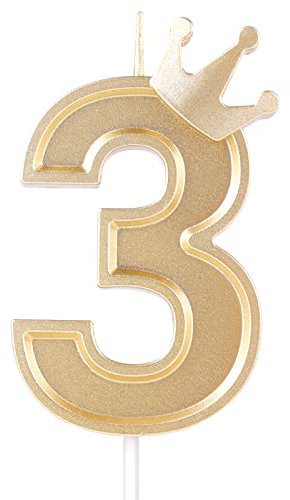 AIEX 7,6cm Geburtstag Nummer Kerzen, 3D Zahlen Geburtstagskerzen mit Krone Geburtstagskerzen für Torte Zahlen Kuchenzahlenkerzen für Geburtstag Jahrestag Partys (Gold, 3)