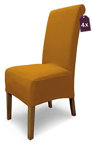 Scheffler Home Stuhlhussen Emma Cottina Kupfer-Braun 4er Set – Elastische waschbare Stuhlbezüge aus Baumwolle – Stuhlabdeckungen für Hochlehner Esszimmerstühle – Öko-Tex Zertifiziert