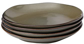 URBANARA Lot de 4 assiettes Capela 3 x 20,5 cm Vert olive 100 % pierre Grès Lot de 4 Set de vaisselle de camping Assiettes à pâtes Assiettes à soupe Assiettes à gâteau Assiette à