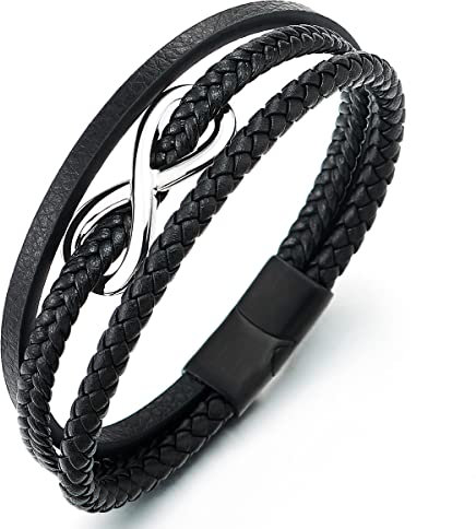 COOLSTEELANDBEYOND Infinity Liebe Unendlich Number 8 Verflochtenen DREI Stränge Schwarz Geflochtene Leder Armband für Herren Damen