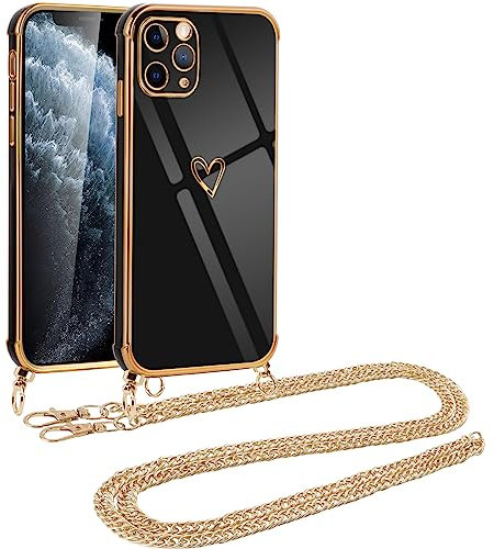 Vauki handyband für iPhone 11 Pro Max Hülle mit Band, Handyhülle mit Kette, Herz Motiv, Ultra Dünn Stoßfeste Aesthetic Case mit Kordel zum Umhängen für iPhone 11 Pro Max 6.5 Zoll, Goldene Metallkette