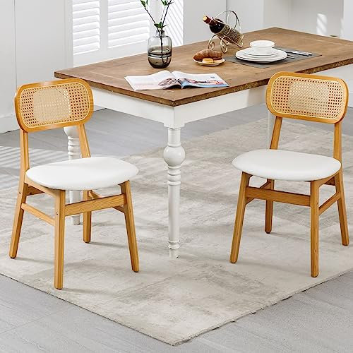 Wahson Juego de 2 Sillas de Comedor Madera Tapizada Cuero Sillas de Cocina con Respaldo de Rattán, Sillas Laterales Modernas para Restaurante/Salón, Blanco
