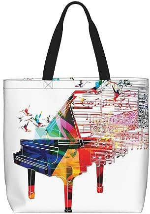 LAMAME Colorful Piano Keyboard Music printed shoulder bag leisure tote bag large capacity shopping bag handheld storage bag