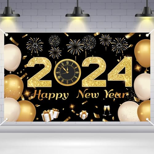 Neujahrs Banner 2024 Silvester Deko Groß Happy New Year Banner Schwarz Gold Frohes Neues Jahr Banner 2024 Neues Jahr Hintergrund Banner 180 * 110cm für Neujahr Innen Außen Party Dekorationen
