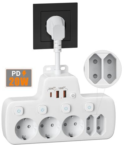 PD20W Ciabatta Multipresa con USB,Presa Multipla Salvaspazio con Interruttori Indipendenti,PD20W e QC18W Ricarica Rapida Elettrica Multipresa Protezione Sovratensione 5 Schuko con Interruttore,Bianco