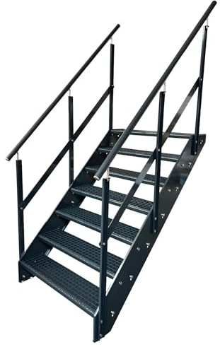 Kaminbau Mierzwa Premium Stahl Treppe mit Beidseitigem Geländer in komplett Anthrazit RAL 7016/7 Stufen (Breite 1000 mm) (Höhe 133 cm) Wetterfest Gitterroststufe Gartentreppe