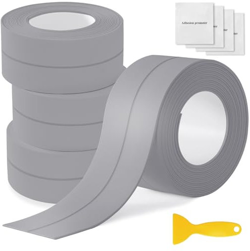 4 Rouleaux Joint Salle de Bain, Ruban Adhésif Blanc/Gris, Bande D'étanchéité Autocollante, Ruban de Calfeutrage Imperméable pour Baignoire, Douche, Toilettes, Cuisine (Gris)