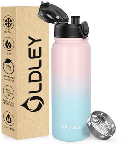 OLDLEY Botella agua acero inoxidable 600ml/20oz Termo Doble Metal pared Que Mantiene la Bebida Caliente y Fría, a Prueba Fugas, sin BPA, con Aislamiento para Deportes Trabajo Senderismo (Rosado Azul)