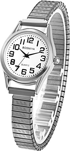 JewelryWe Uhren Damen Elastisch Edelstahl: Klassische Einfache Analog Quarz Armbanduhr Frauen Silber Edelstahl Stretch-Armband Business Freizeit Uhr Damenuhr mit großen arabischen Zahlen Zifferblatt