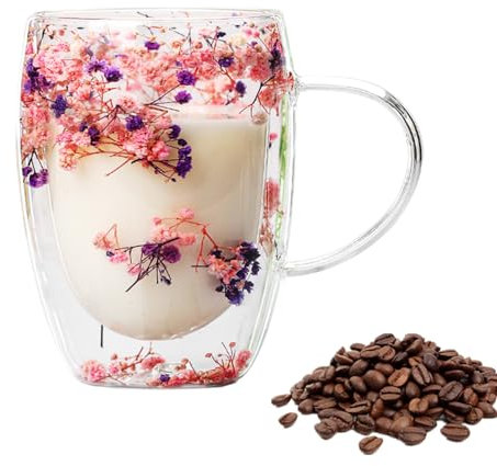 Double Wall Glass Mugs with Floral Pattern - 350ml, Insulated Glass Coffee Cups with Dried Flowers, Transparent, for Hot or Cold Drinks, Pink Purple