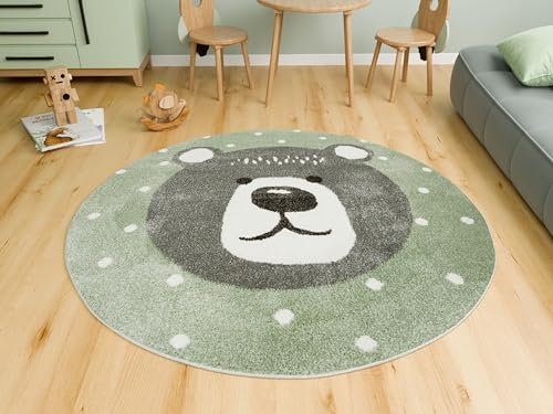 AKCILA Runden Kinderteppich Lima Grün Teddybär 100 cm, Teppiche für EIN Kinderzimmer mit kurzem Flor, Teppich für einen Jungen,Mädchen, Kinderteppich, Spielteppich, Kids Carpet