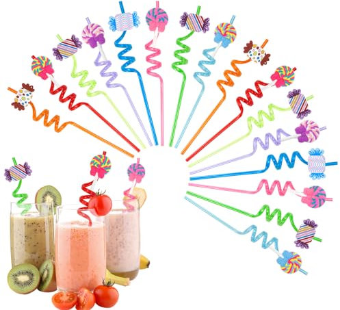 Cocktail Strohhalme Trinkhalme Plastik Dicke Plastikstrohhalme 16 Stück Trinkröhrchen Nur Wiederverwendbar Straws Süßigkeiten Party Deko Strohalme Kunststoff für Kinder Erwachsene (Süßigkeiten)