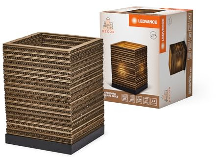 LEDVANCE Tischleuchte Decor Cardboard Square braun aus Wellpappe, leicht, E27, 200 mm Durchmesser, Leuchtenschirm aus recyceltem Material, nachhaltig durch austauschbare Lichtquelle, einfache Montage