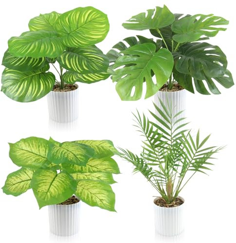 INSANYJ 4 Stück Kunstpflanzen Groß, 35cm Monstera Areca Palmen Kunstpflanze Splitphilo im Topf Künstliche Pflanzen Plastik Pflanze Deko Modern Wohnzimmer Balkon Schlafzimmer Zimmer Hochzeit Party