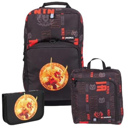 LEGO® Ninjago® 3-teiliges Schulranzen-Set – 20 L I Ergonomisches I Kai | Schulranzen Jungen 1. - 4. Klasse mit Airmesh-Rücken, isoliertem Lunchfach, Hüftgurt, Turnbeutel & Federmäppchen
