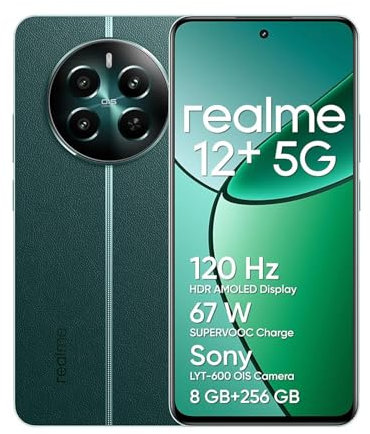 realme 12+ Teléfono Móvil 5G, 8+256GB, Cámara para Retratos Sony LYT-600 OIS, Pantalla AMOLED ultrafluida de 120 Hz, Conjunto de Chips Dimensity 7050 5G, 5000 mAh, NFC,no Incluye Adaptador (Green)