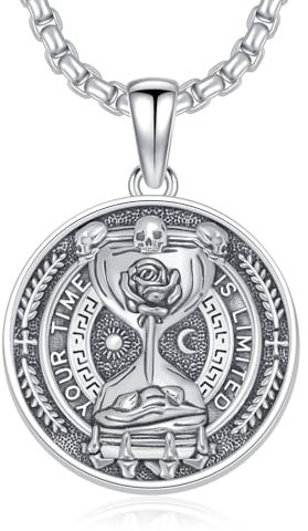 ROMANTICWORK Memento Mori Kette 925 Sterling Silber Stoische Sanduhr Münzhals Kette Totenkopf Stoischer Schmuck Geschenke für Herren Damen
