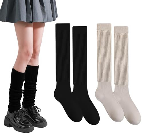 ATSNOSH 2 Paar Kniestrümpfe Damen, Strümpfe Strick Overknee Socken, Lässige Socken Kniehohe Stiefelsocken, Lange Socken (DE/NL/SE/PL, Alphanumerisch, Einheitsgröße, Regular, Regular, 2 Paar)